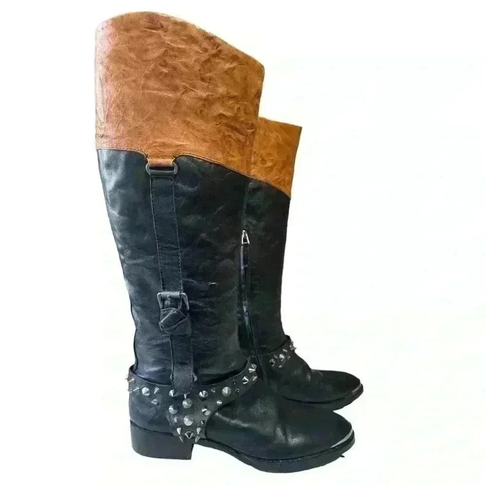 SAM EDELMAN tall leather spiked moto riding boots - black + tan - women 7 medium - Picture 3 of 16